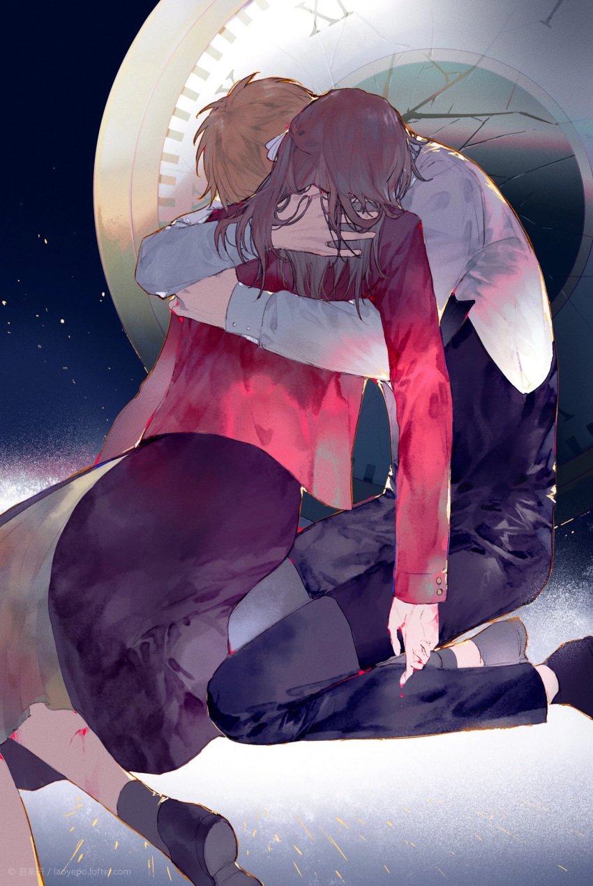 1boy 1girl absurdres black_footwear black_pants black_shirt black_vest brown_hair clock highres hug jacket laoyepo long_hair long_sleeves luke_pearce_(tears_of_themis) pants red_jacket rosa_(tears_of_themis) shirt tears_of_themis vest white_shirt