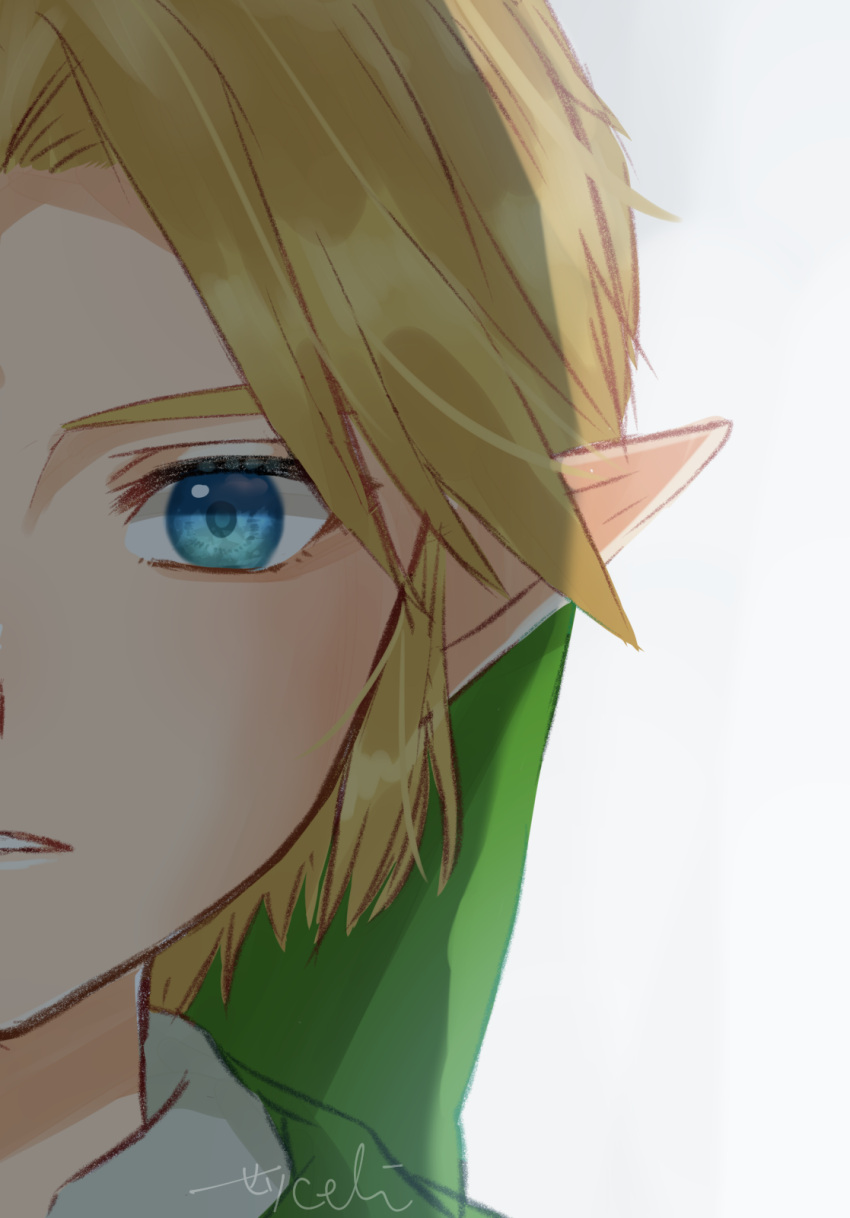 1boy bangs blonde_hair commentary_request green_eyes green_headwear grey_background highres link looking_at_viewer male_focus parted_lips pointy_ears portrait seri_(yuukasakura) short_hair signature simple_background solo split_theme teeth the_legend_of_zelda the_legend_of_zelda:_ocarina_of_time