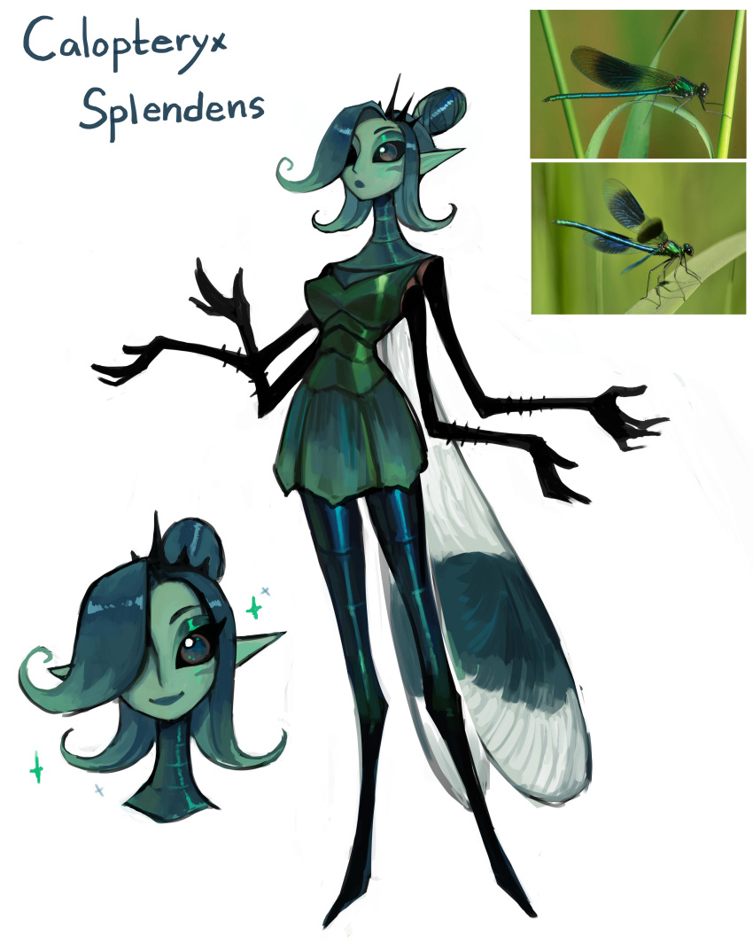 1girl absurdres arthropod_girl black_sclera closed_mouth colored_sclera colored_skin damsel_fly extra_arms fewer_digits green_eyes green_hair green_skin green_skirt hair_bun hand_up highres long_neck looking_at_viewer matilda_fiship monster_girl no_feet original pointy_ears simple_background skirt smile white_background wings