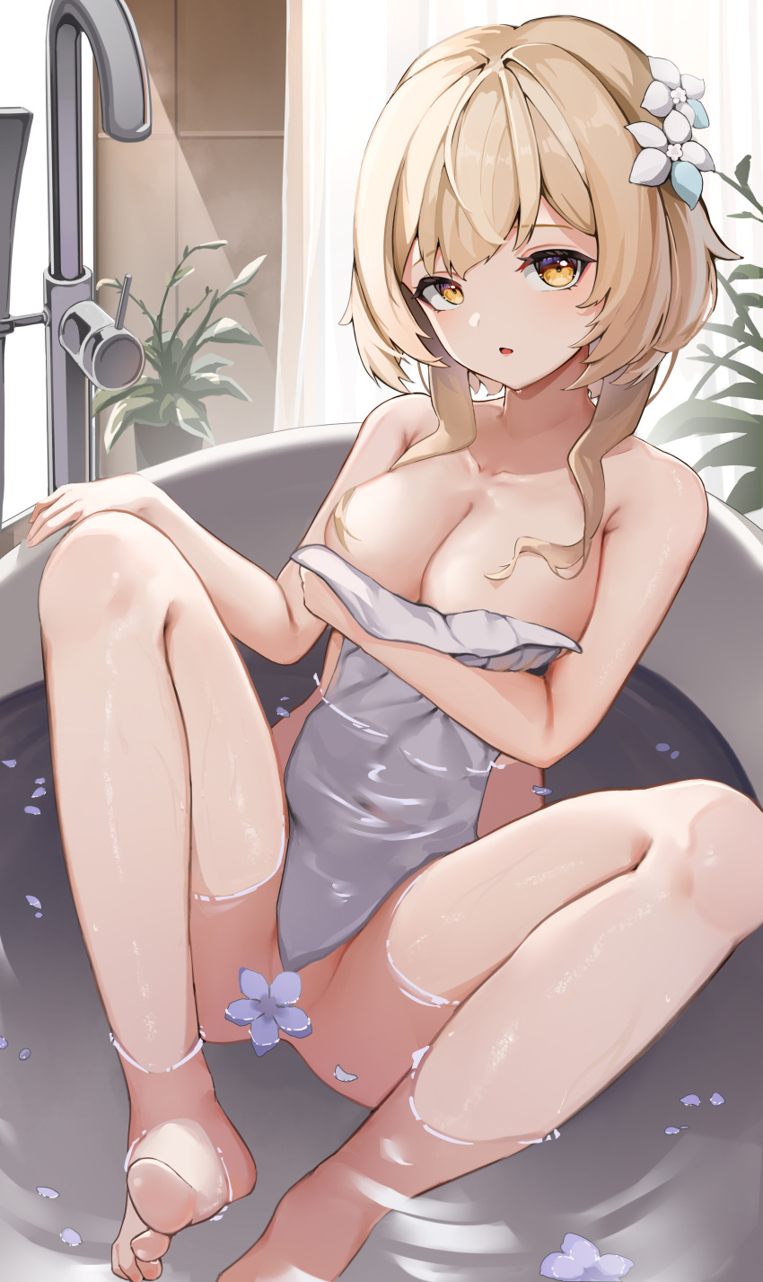 1girl absurdres bathing bathtub berserker_r blonde_hair breasts cleavage convenient_censoring covered_navel covering covering_breasts flower flower_on_liquid genshin_impact hair_flower hair_ornament highres large_breasts looking_at_viewer lumine_(genshin_impact) naked_towel open_mouth petals plant purple_flower short_hair_with_long_locks sitting solo thighs towel water white_flower yellow_eyes