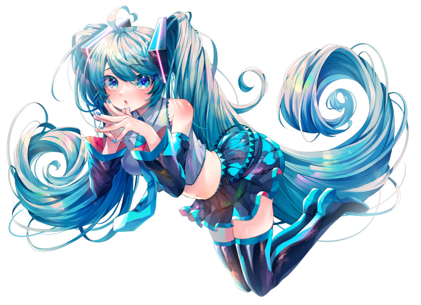 1girl :o absurdres ahoge alternate_costume aqua_eyes aqua_hair aqua_necktie bare_shoulders black_legwear black_skirt black_sleeves blue_nails boots crop_top detached_sleeves fingers_together floating floating_hair full_body grey_shirt hair_ornament hatsune_miku heart_ahoge high_heels highres long_hair looking_at_viewer miniskirt nail_polish necktie open_mouth pleated_skirt shirayuki_towa shirt shoulder_blush shoulder_tattoo simple_background skindentation skirt sleeveless sleeveless_shirt solo spiral steepled_fingers symbol_in_eye tattoo thigh_boots thighhighs twintails very_long_hair vocaloid white_background zettai_ryouiki