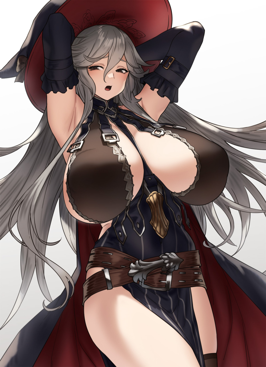 1girl bangs black_dress blush breasts cleavage dress granblue_fantasy highres houtengeki huge_breasts long_hair magisa_(granblue_fantasy) sideboob silver_hair thighs very_long_hair