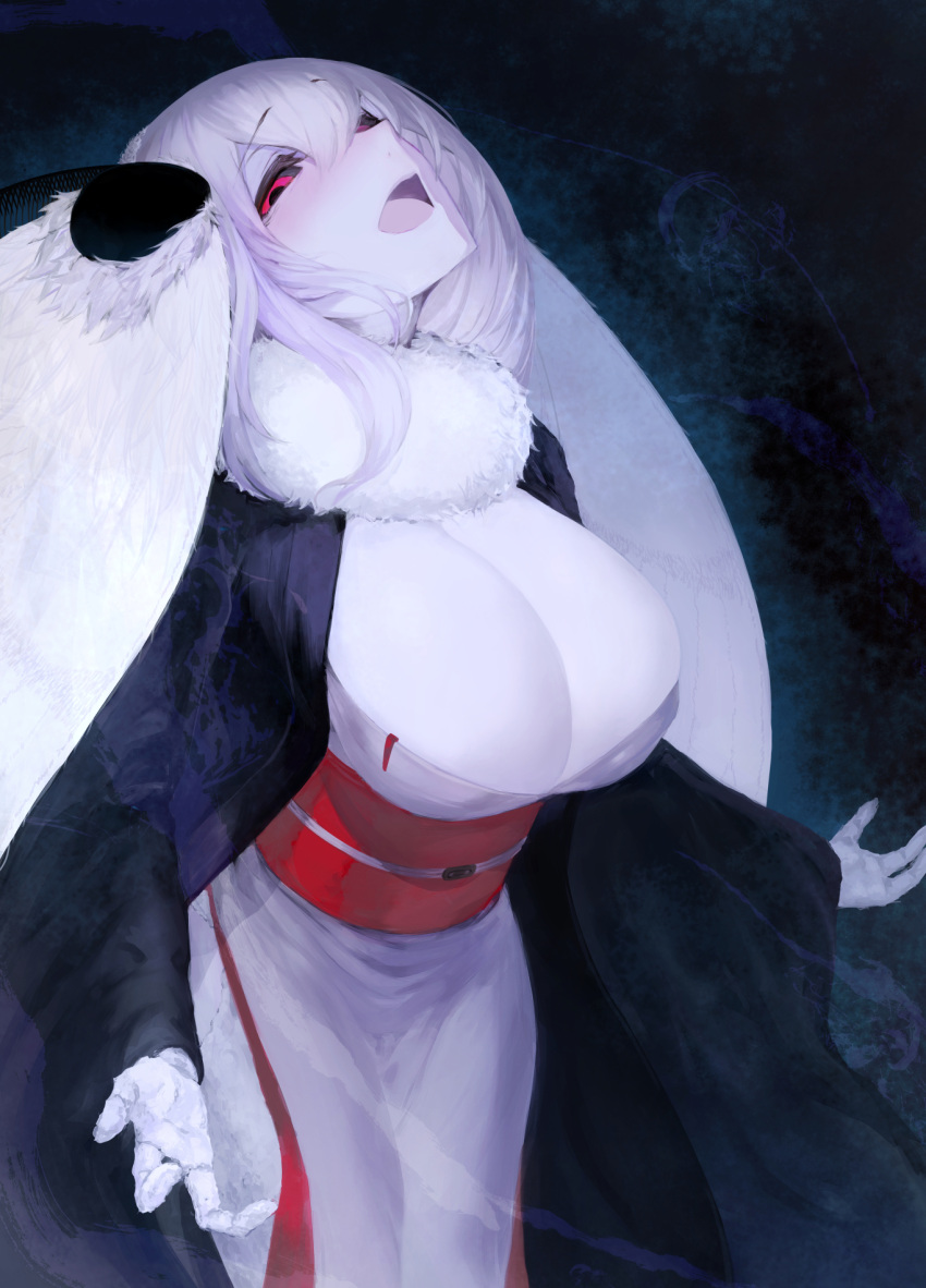 1girl :d arthropod_girl black_sclera blush breasts cleavage colored_sclera colored_skin fewer_digits fur_collar hair_between_eyes haori highres japanese_clothes kimono large_breasts long_hair long_sleeves looking_at_viewer mashiro_(solopipb) moth_girl moth_wings obi open_mouth original red_eyes red_sash sash smile solo solopipb standing white_hair white_kimono white_skin wide_sleeves wings