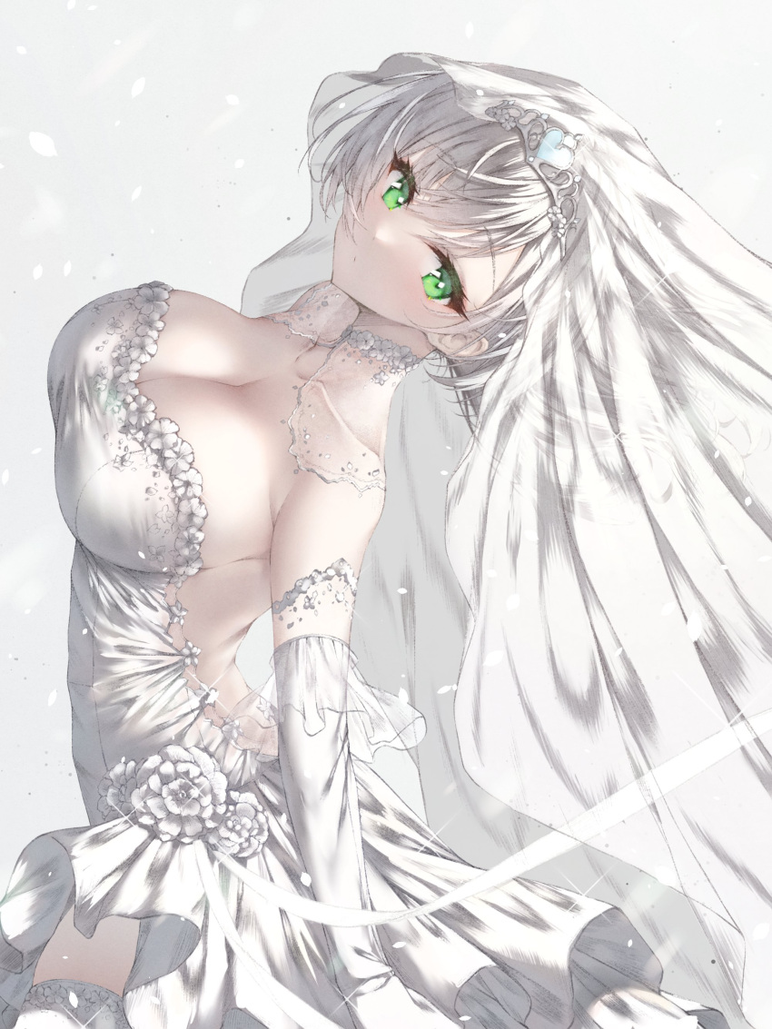 1girl absurdres backless_dress backless_outfit bangs breasts bridal_veil cleavage commentary cowboy_shot detached_collar dress elbow_gloves eyebrows_visible_through_hair gloves green_eyes highres hololive ijac_ray large_breasts leaning_back looking_at_viewer shirogane_noel sideways_glance silver_hair simple_background solo strapless symbol-only_commentary thighhighs tiara veil virtual_youtuber wedding_dress white_background white_dress white_gloves