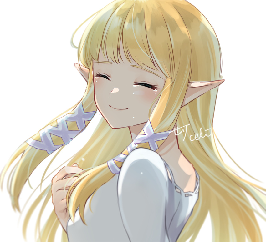 1girl bangs blonde_hair dress facing_viewer from_side hair_ribbon hand_up highres long_hair pointy_ears princess_zelda ribbon seri_(yuukasakura) simple_background smile the_legend_of_zelda the_legend_of_zelda:_skyward_sword tress_ribbon upper_body white_background white_dress