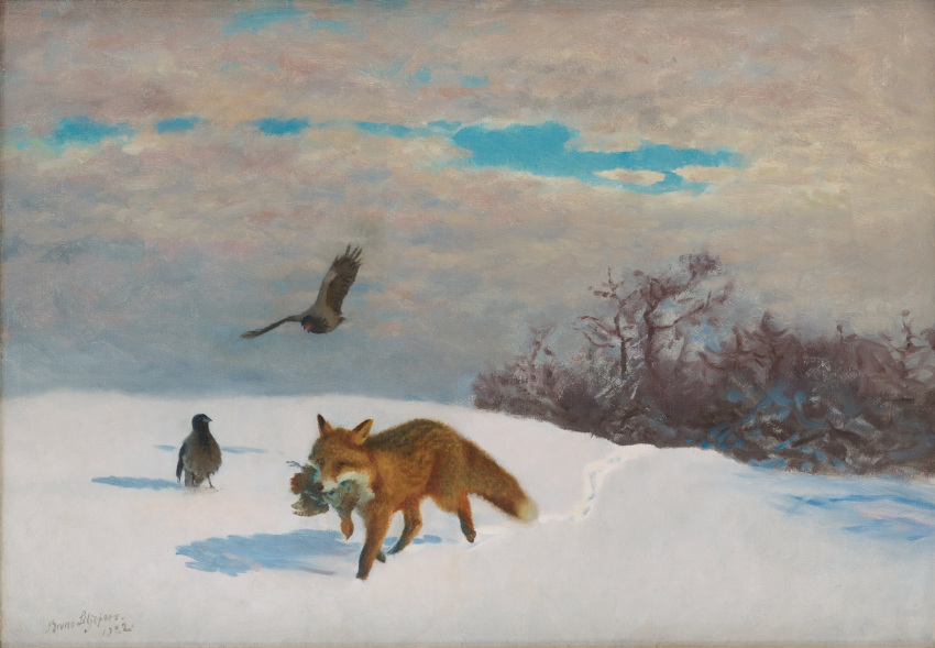1922 20th_century absurd_res ambiguous_gender ancient_art avian bird brown_body brown_fur bruno_liljefors canid canine cloud day detailed_background feathered_wings feathers feral flying fox fur group hi_res mammal mouth_hold nude oil_painting_(artwork) outside painting_(artwork) predator/prey public_domain quadruped red_fox signature sky snow traditional_media_(artwork) walking wings winter