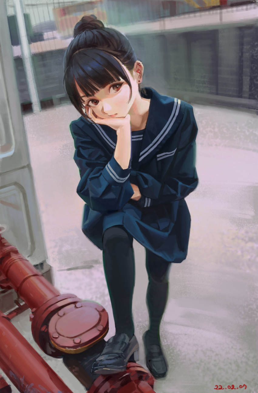 1girl absurdres bangs black_legwear blush brown_eyes brown_hair closed_mouth dated hair_bun hand_on_own_face highres hong leggings looking_away neckerchief original sailor_collar school_uniform serafuku shoes skirt solo tied_hair