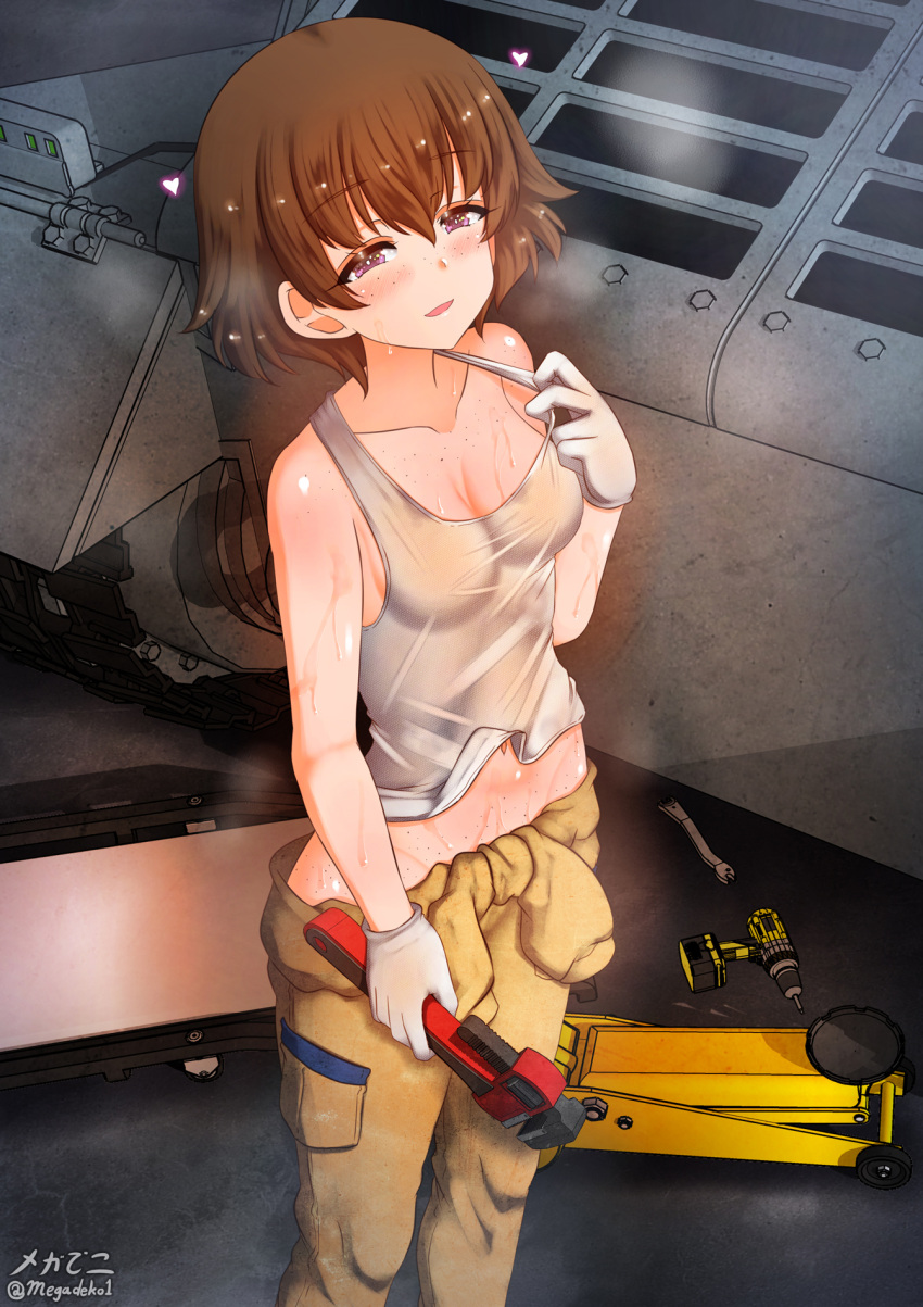 1girl aquaegg bare_shoulders blush breasts brown_hair cleavage collarbone freckles girls_und_panzer gloves ground_vehicle heart highres looking_at_viewer military military_vehicle motor_vehicle navel open_mouth purple_eyes shiny shiny_hair shiny_skin short_hair small_breasts smile solo sweat tank tsuchiya_(girls_und_panzer) white_gloves wrench