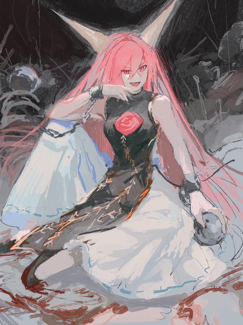 1girl ball_and_chain_restraint black_tabard chain chinese_clothes cuffs dress flower highres horns ibaraki_douji_(touhou) kusariuta long_hair oni oni_horns open_mouth pink_eyes pink_flower pink_rose ribbon-trimmed_skirt ribbon_trim rose shackles tabard touhou very_long_hair vine_print white_dress