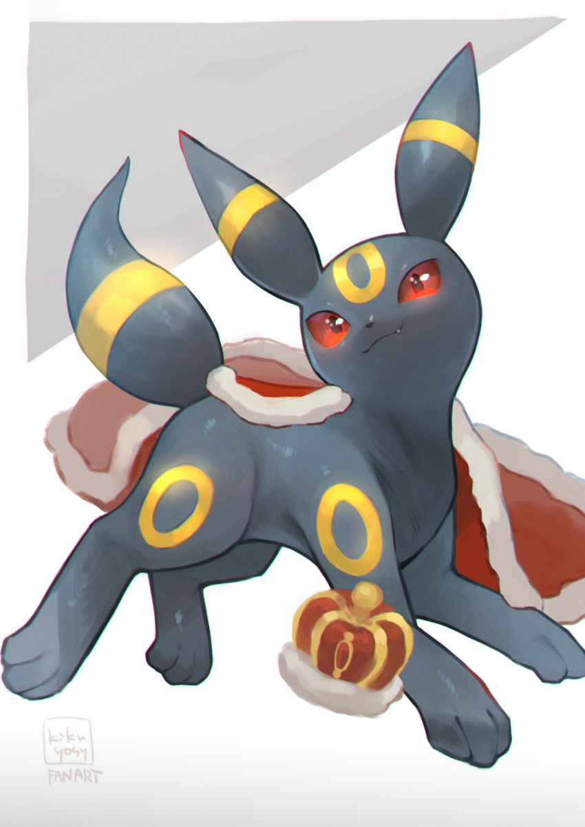 animal_focus cape closed_mouth commentary_request crown fang fang_out highres kikuyoshi_(tracco) looking_to_the_side no_humans pokemon pokemon_(creature) red_cape red_eyes signature smile solo toes umbreon