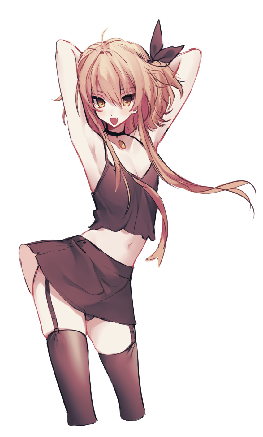 1girl absurdres arms_behind_head arms_up blonde_hair bob_cut bow choker clothes_lift commentary_request crop_top cropped_legs dancing fang hair_between_eyes hair_bow highres jewelry koyashaka looking_at_viewer me!me!me!_dance_(meme) meme midriff navel necklace original pale_skin panties sidelocks skirt skirt_lift thighhighs tsurime underwear yellow_eyes