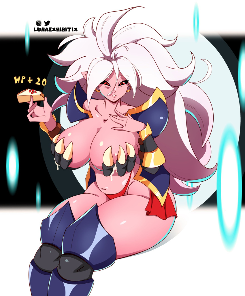 alien alien_humanoid android_21 big_breasts bodily_fluids breasts clothing dragon_ball dragon_ball_fighterz female hi_res humanoid humanoid_pointy_ears lactating legwear lunaexhibitix majin majin_android_21 not_furry panties pink_body pink_skin signature solo thigh_highs underwear