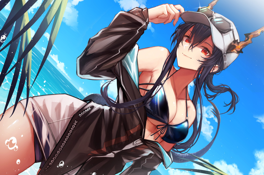 1girl absurdres arknights bangs bare_shoulders baseball_cap bikini bikini_under_clothes black_hair black_jacket blue_bikini blue_sky breasts ch'en_(arknights) ch'en_the_holungday_(arknights) cleavage closed_mouth clothes_writing collarbone cowboy_shot day dragon_girl dragon_horns dragon_tail dutch_angle hair_between_eyes hand_up hat highres horns horns_through_headwear jacket large_breasts long_sleeves looking_at_viewer ocean off_shoulder open_clothes open_jacket outdoors paszuto red_eyes sky smile solo sunglasses sunlight swimsuit tail underboob water white_headwear