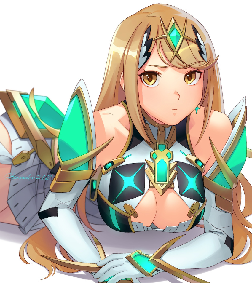 1girl a_(user_vtsy8742) bangs blonde_hair breasts chest_jewel cleavage closed_mouth cowboy_shot dress gem headpiece highres jewelry large_breasts long_hair looking_at_viewer lying mythra_(xenoblade) raised_eyebrow simple_background solo strapless strapless_dress swept_bangs tiara yellow_eyes