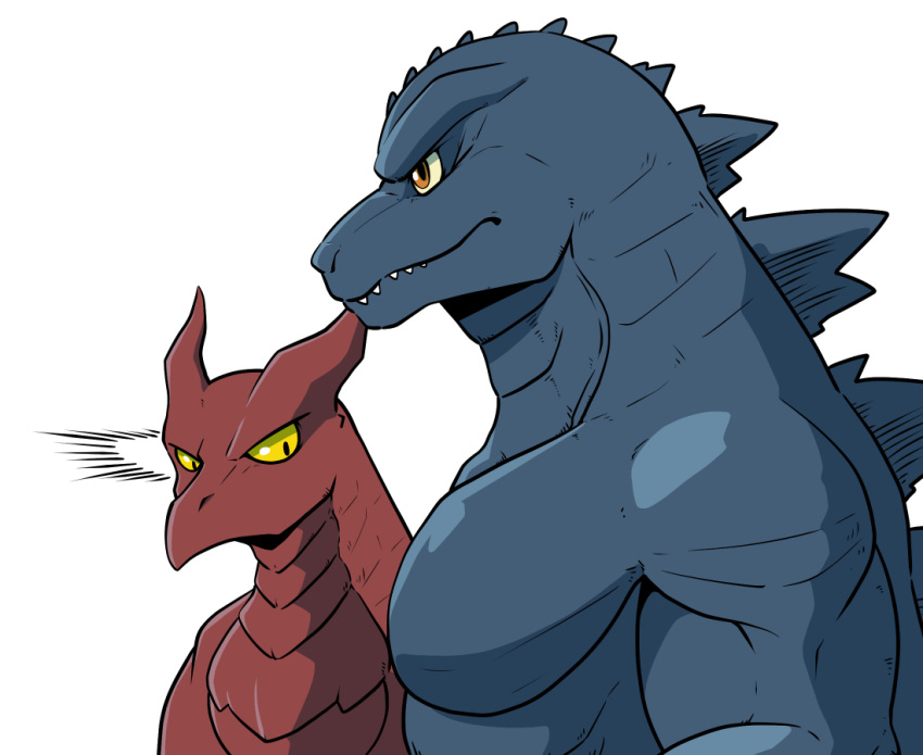 2021 beak duo fangs girl_staring_at_man's_chest godzilla godzilla_(series) grey_body kaiju lizardman_(artist) looking_at_chest looking_at_muscles looking_surprised male meme monster muscular muscular_male orange_eyes pecs pterosaur pupils red_body reptile rodan_(toho) scalie semi-anthro side_view small_pupils spinal_plates surprised_expression toho yellow_sclera