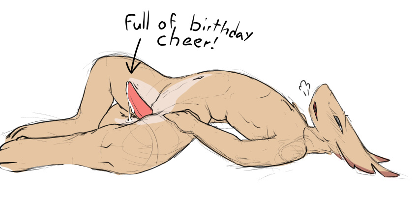 anthro birthday bodily_fluids breath canary_(fiaskers) colored_sketch cum cum_on_body cum_on_penis cum_on_tail fiaskers fur genital_fluids genitals hi_res joel_(fiaskers) male navel penis red_penis sketch solo tan_body tan_fur tapering_penis