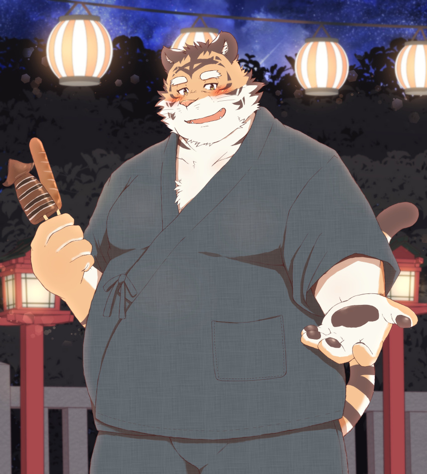 2022 anthro asian_clothing belly biped blush clothing detailed_background east_asian_clothing felid festival food hi_res humanoid_hands ibuki_haruno japanese_clothing kemono male mammal night outside overweight overweight_male pantherine solo tiger