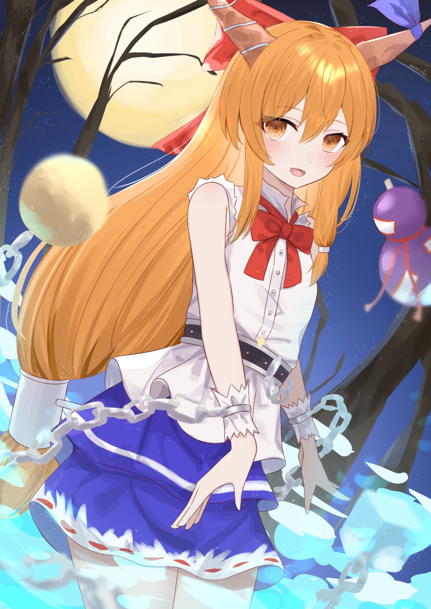 1girl :d anima_miko bangs belt blue_ribbon blue_skirt blush bow bowtie breasts brown_belt buttons chain commentary_request cup eyelashes fang footwear_bow full_moon gourd hair_bow highres horn_bow horn_ornament horn_ribbon horns ibuki_suika long_hair moon night oni oni_horns open_mouth orange_eyes orange_hair red_bow red_bowtie red_eyes ribbon ribbon-trimmed_skirt ribbon_trim shirt shoes sidelocks skirt sleeveless sleeveless_shirt small_breasts smile solo standing torn_clothes torn_sleeves touhou tree white_legwear white_shirt wrist_cuffs