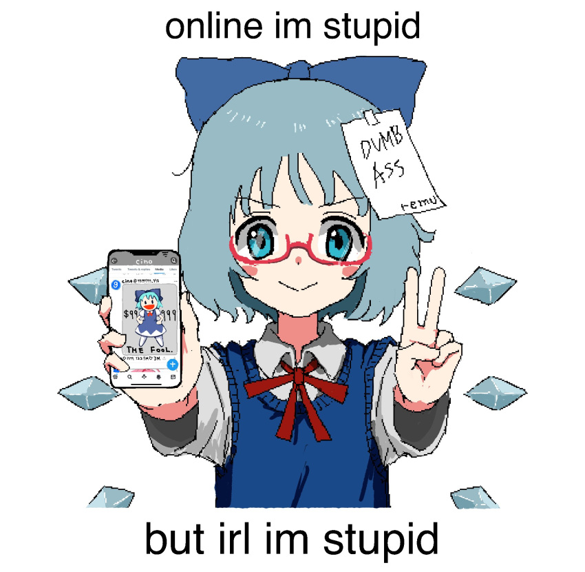 aiu404l blue_bow blue_eyes blue_hair blue_ribbon blue_vest blush_stickers bow cellphone cirno closed_mouth glasses hair_bow highres holding holding_phone looking_at_viewer neck_ribbon phone red-framed_eyewear ribbon semi-rimless_eyewear short_hair simple_background smartphone smile tongue touhou twitter under-rim_eyewear upper_body v vest white_background