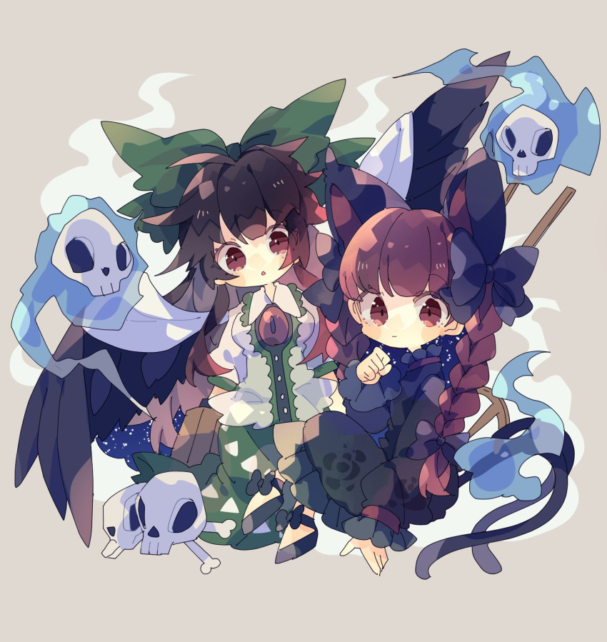 2girls :o animal_ears arm_support bangs bird_wings black_bow black_footwear black_hair blunt_bangs blush_stickers bow braid brown_hair cape cat_ears chestnut_mouth chibi dress extra_ears eyebrows_visible_through_hair feathered_wings flaming_skull floating_skull floral_print footwear_bow frilled_shirt_collar frills full_body green_bow green_dress green_skirt grey_background hair_bow hair_ribbon hand_up highres hitodama kaenbyou_rin long_hair looking_at_viewer messy_hair multiple_girls nikorashi-ka paw_pose red_eyes red_hair reiuji_utsuho ribbon shirt simple_background sitting skirt skull sleeves_past_wrists touhou tress_ribbon twin_braids twintails wheelbarrow white_cape white_shirt wings