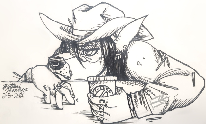 anthro beverage canid canine canis clothing coffee cowboy dobermann domestic_dog female food gloves handwear hat hay headgear headwear mammal pinscher solo straw thehuntingwolf video_games western