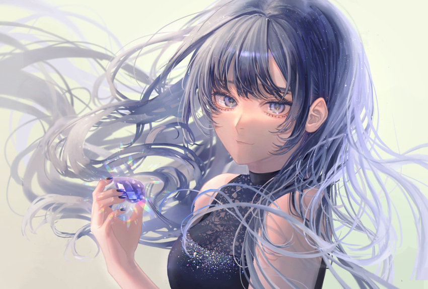 1girl absurdres bangs bare_shoulders blue_hair blue_nails breasts closed_mouth gem highres jewelry long_hair nail_polish original sapphire_(gemstone) senya_oekaki simple_background sleeveless smile solo