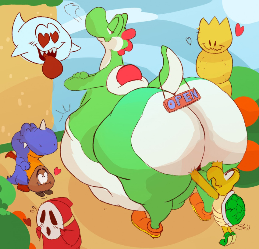 &lt;3 &lt;3_eyes 2019 abdominal_bulge anal anal_vore anthro belly big_belly big_butt blush blush_lines boo_(mario) butt clothing crossed_arms dinosaur eyes_closed facial_horn fangs feral floating footwear footwear_only ghost goomba group hand_on_butt hi_res horn koopa koopa_troopa looking_back mario_bros mask mostly_nude narrowed_eyes nintendo nose_horn pokey rear_view reptile rex_(mario) scalie sharkvore shell shoes shoes_only shyguy sign smile smirk spirit standing tiptoes tongue tongue_out turtle video_games vore wide_eyed wings yoshi