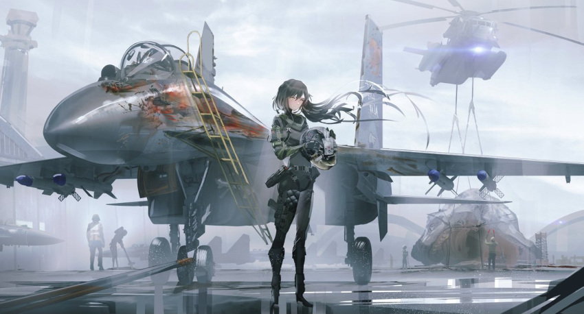 1girl aircraft airplane bangs black_footwear black_hair boots brown_eyes commentary dragon f-15_eagle fantasy fighter_jet fox helicopter helmet holding holding_helmet holster jet long_hair long_sleeves military military_vehicle multiple_others original outdoors overcast pilot_suit pouch swav vehicle_request wind