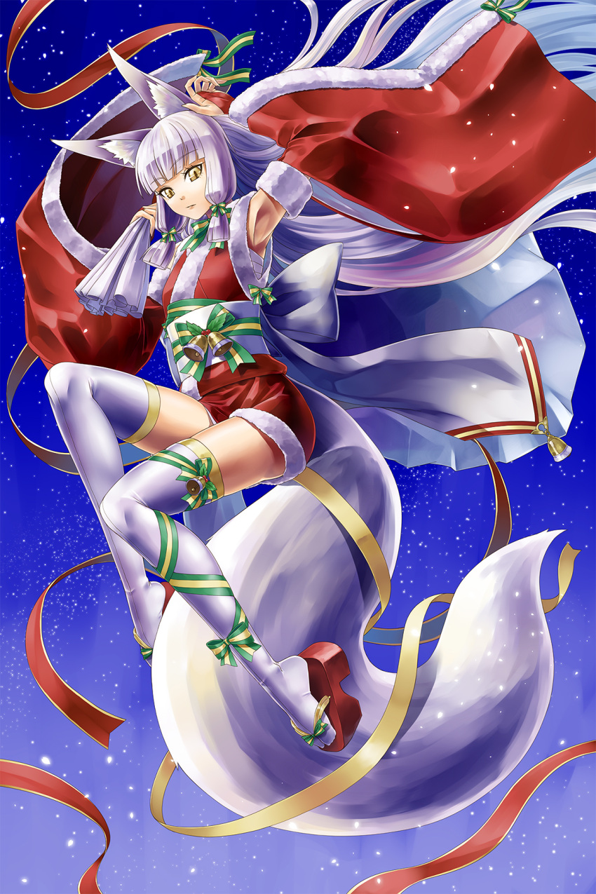 1girl animal_ears commentary_request detached_sleeves fox_ears fox_girl fox_tail highres kazuki_seihou long_hair night night_sky original photoshop_(medium) revision sack santa_costume silver_hair sky solo tail thighhighs yellow_eyes