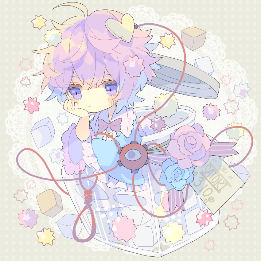 1girl :| ahoge blouse blue_blouse blue_flower blue_rose blush bow bowtie buttons candy candy_jar chibi closed_mouth commentary expressionless eyebrows_visible_through_hair flower food frilled_sleeves frills hair_ornament hand_on_own_cheek hand_on_own_face hand_up head_rest heart heart_button heart_hair_ornament highres jitome komeiji_satori long_sleeves looking_afar messy_hair nikorashi-ka pink_flower pink_rose polka_dot polka_dot_background purple_bow purple_bowtie purple_eyes purple_hair rose short_hair simple_background solo third_eye touhou wide_sleeves