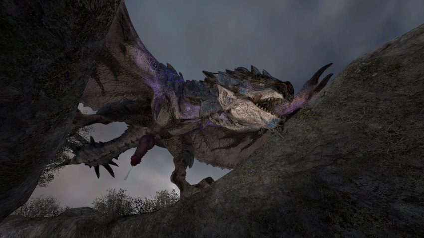 16:9 3d_(artwork) azure_rathalos beak big_penis blue_body blue_eyes blue_scales capcom claws cloud digital_media_(artwork) dragon feral flying_wyvern genitals glowing glowing_body grass grey_sky hi_res horn kevlarcaviar looking_at_viewer male male_focus monster monster_hunter nature nature_background outside penis plant presenting presenting_penis rath_wyvern rathalos ravine rock scales sharp_teeth solo solo_focus source_filmmaker spiked_tail spikes spikes_(anatomy) stripes teeth tongue tongue_out video_games widescreen