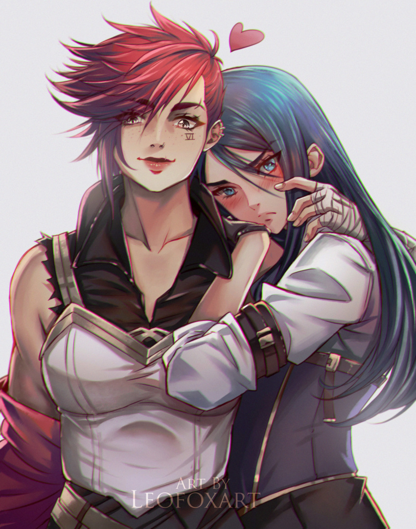 2girls absurdres arcane:_league_of_legends arcane_caitlyn arcane_vi blue_hair blush caitlyn_(league_of_legends) facial_tattoo hand_on_another's_shoulder highres league_of_legends leofoxart long_hair looking_at_viewer multiple_girls off_shoulder red_hair short_hair smile tattoo torn_clothes torn_sleeves vi_(league_of_legends) yuri