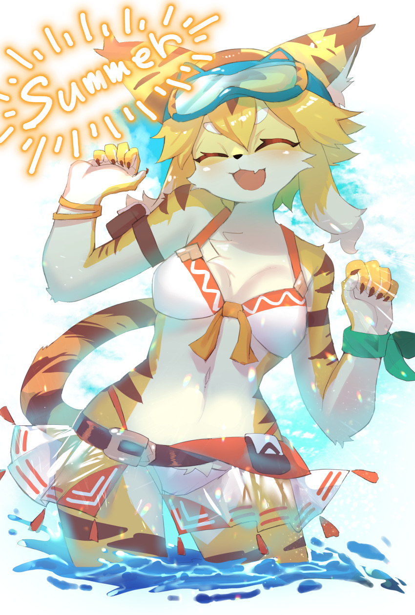 absurd_res anthro bikini blush breasts clothing felid female fingers fur hair hi_res mammal mia_(world_flipper) onikuman pantherine smile solo stripes swimwear tiger world_flipper yellow_body yellow_fur