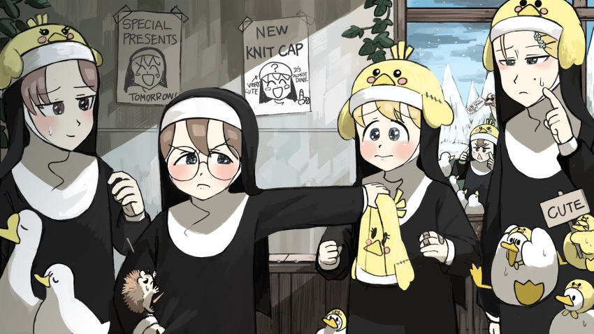 5girls animal_hat bird blonde_hair blue_eyes brown_eyes brown_hair catholic chicken commentary diva_(hyxpk) duck duck_hood duckling english_commentary finger_to_cheek flag flower frown glasses glasses_nun_(diva) gluttonous_nun_(diva) goose habit hair_flower hair_ornament hairclip hand_on_hip hanging_plant hat hedgehog highres holding holding_clothes holding_hat holding_sign hook-bang_nun_(diva) knit_hat little_nuns_(diva) mole mole_under_eye mouth_hold multiple_girls nun ostrich outstretched_arm pointing pointing_at_self poster_(object) protagonist_nun_(diva) quill red_eyes red_hair rejection scowly_nun_(diva) sign smile snow surprised sweatdrop tree triangle_mouth wavy_mouth window yellow_headwear