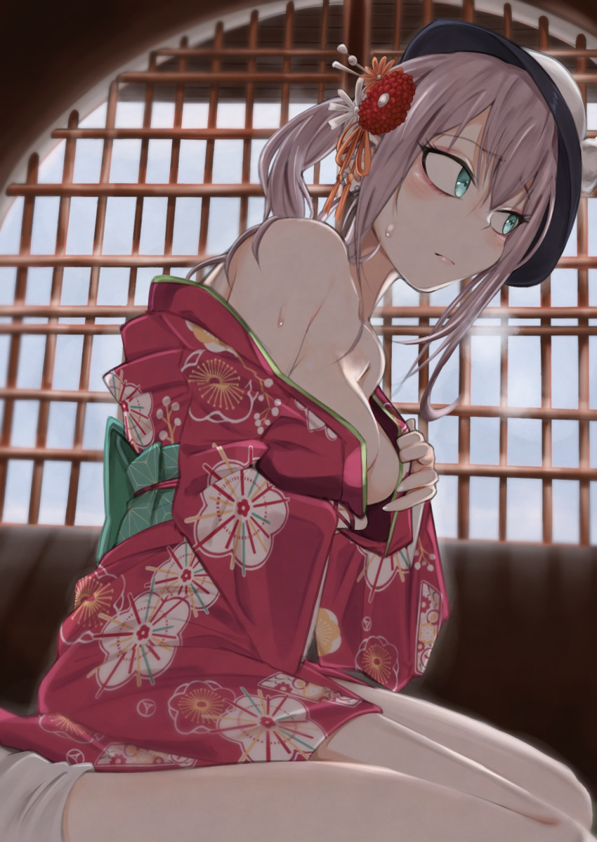 1girl aqua_eyes ar-57_(girls'_frontline) ar-57_(with_the_three_friends_of_winter)_(girls'_frontline) bangs bare_shoulders blush breasts cleavage closed_mouth eyebrows_visible_through_hair girls'_frontline hair_ribbon highres japanese_clothes kimono kimono_pull kuzumotsu lips long_hair looking_away medium_breasts official_alternate_costume on_floor pink_hair ribbon side_ponytail socks solo sweatdrop white_headwear