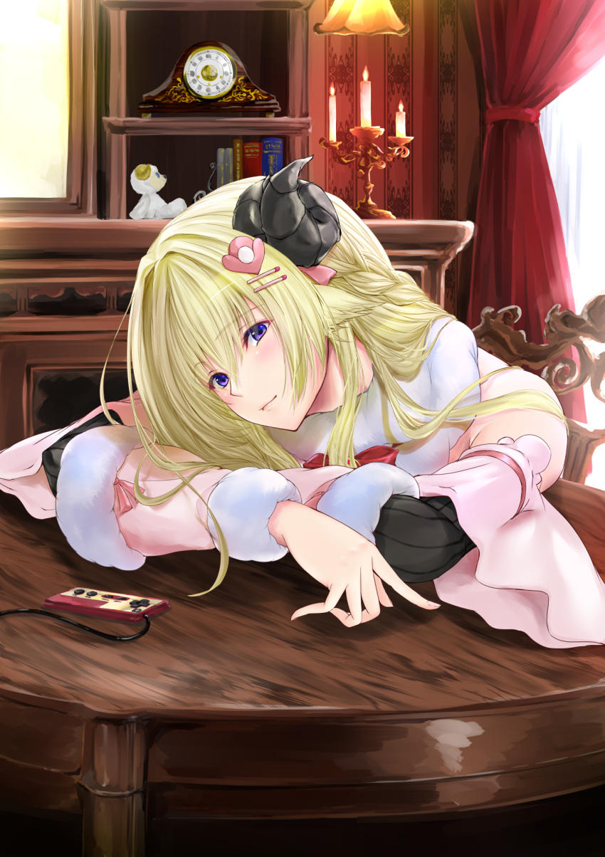 1girl animal_ears blonde_hair bow bowtie braid detached_sleeves dress elbows_on_table famicom_gamepad fur-trimmed_dress fur-trimmed_sleeves fur_trim hair_ornament hairclip half_updo head_rest highres hololive horns long_hair looking_at_viewer maho_(yakimorokoshi) purple_eyes red_bow red_bowtie ribbed_sleeves sheep_ears sheep_girl sheep_horns sleeveless sleeveless_dress solo tsunomaki_watame virtual_youtuber white_dress