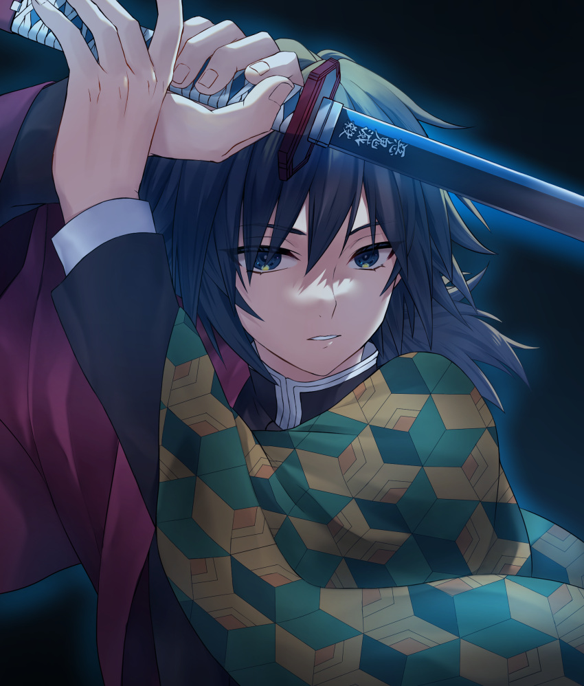 1boy arms_up aura bangs black_background black_hair blue_eyes buckle buttons chokutou closed_mouth expressionless eyelashes fingernails gakuran haori highres holding holding_sword holding_weapon jacket japanese_clothes katana kimetsu_no_yaiba looking_at_viewer male_focus medium_hair multicolored_clothes multicolored_jacket om666en parted_lips patterned_clothing pocket school_uniform shirt solo standing sword tomioka_giyuu two-sided_fabric unsheathed weapon white_shirt wide_sleeves