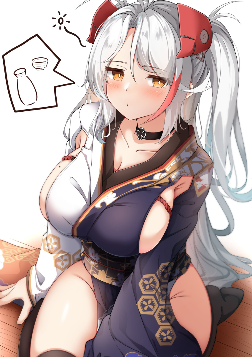 1girl absurdres azur_lane black_choker black_kimono black_legwear blush breasts brown_eyes choker closed_mouth collarbone commentary_request groin headgear highres japanese_clothes kimono large_breasts long_hair moyoron multicolored_hair no_shoes obi on_floor prinz_eugen_(azur_lane) prinz_eugen_(profusion_of_flowers)_(azur_lane) red_hair sash seiza sideboob sitting solo speech_bubble streaked_hair thighhighs two_side_up very_long_hair white_background white_hair wooden_floor