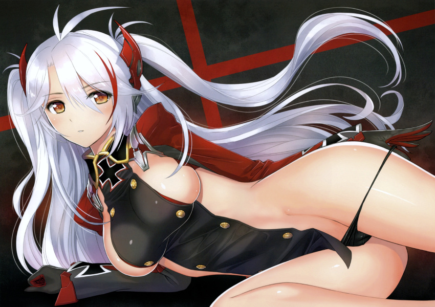 1girl absurdres antenna_hair arm_support azur_lane bangs blush breasts cross eyebrows_visible_through_hair gloves hair_ornament highres iron_cross large_breasts long_hair looking_at_viewer multicolored_hair parted_lips prinz_eugen_(azur_lane) red_hair scan shiny shiny_skin silver_hair simple_background solo tony_taka