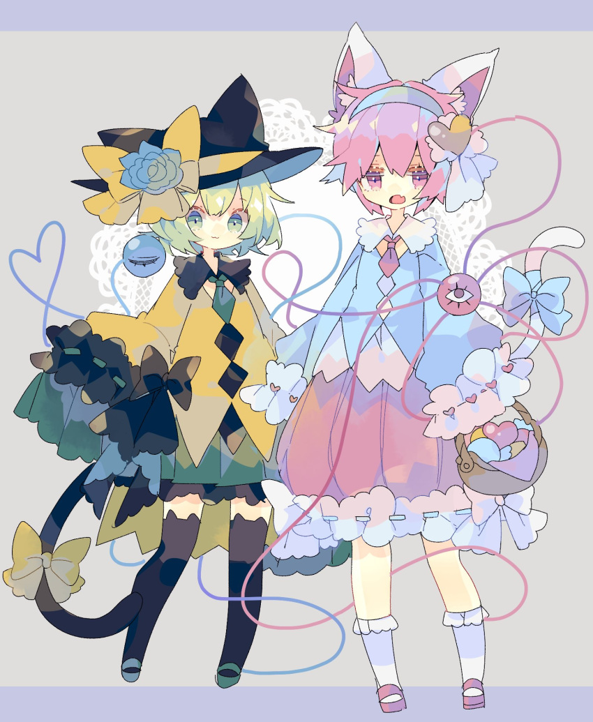 2girls :3 :o animal_ear_fluff animal_ears animal_hat arms_at_sides basket black_headwear black_legwear blouse blue_blouse blue_bow blue_flower blue_footwear blue_rose bobby_socks bow cat_ears cat_hat cat_tail closed_mouth commentary eyebrows_behind_hair fang flower food frilled_shirt_collar frilled_skirt frilled_sleeves frills green_eyes green_hair green_necktie green_skirt grey_background grey_hairband hair_between_eyes hair_ornament hair_ribbon hairband hat hat_bow hat_flower heart heart_hair_ornament heart_of_string highres holding holding_basket jitome kemonomimi_mode komeiji_koishi komeiji_satori letterboxed long_sleeves looking_at_viewer multiple_girls necktie nikorashi-ka open_mouth pink_eyes pink_footwear pink_hair pink_skirt red_eyes red_necktie ribbon ribbon-trimmed_skirt ribbon_trim rose shoes short_hair siblings simple_background sisters skin_fang skirt socks standing sweets tail tail_bow tail_ornament thighhighs third_eye tongue touhou white_legwear white_ribbon wide_sleeves yellow_blouse yellow_bow