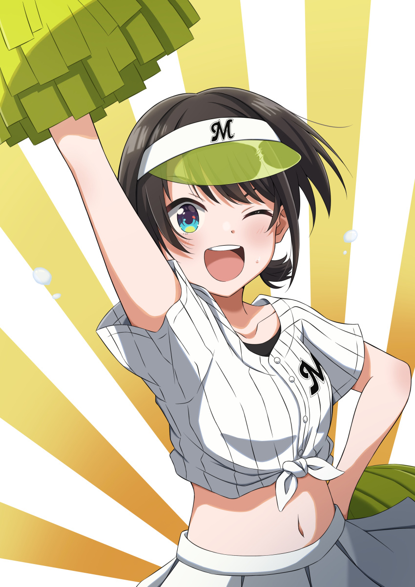 1girl ;d absurdres aqua_eyes bangs baseball_jersey black_hair blue_eyes hand_on_hip highres hololive midriff navel one_eye_closed oozora_subaru open_mouth pleated_skirt pom_pom_(cheerleading) skirt smile solo sweat swept_bangs teeth tottsuan_(tottuan0902) upper_teeth virtual_youtuber visor_cap white_skirt