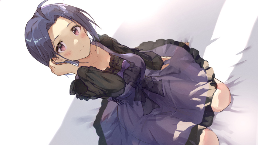 1girl ahoge babydoll blue_hair blush commentary_request dress dutch_angle highres idolmaster idolmaster_(classic) long_sleeves looking_at_viewer miura_azusa on_bed purple_dress purple_eyes see-through short_hair shuucream_(syuichi) sitting sitting_on_bed solo wariza