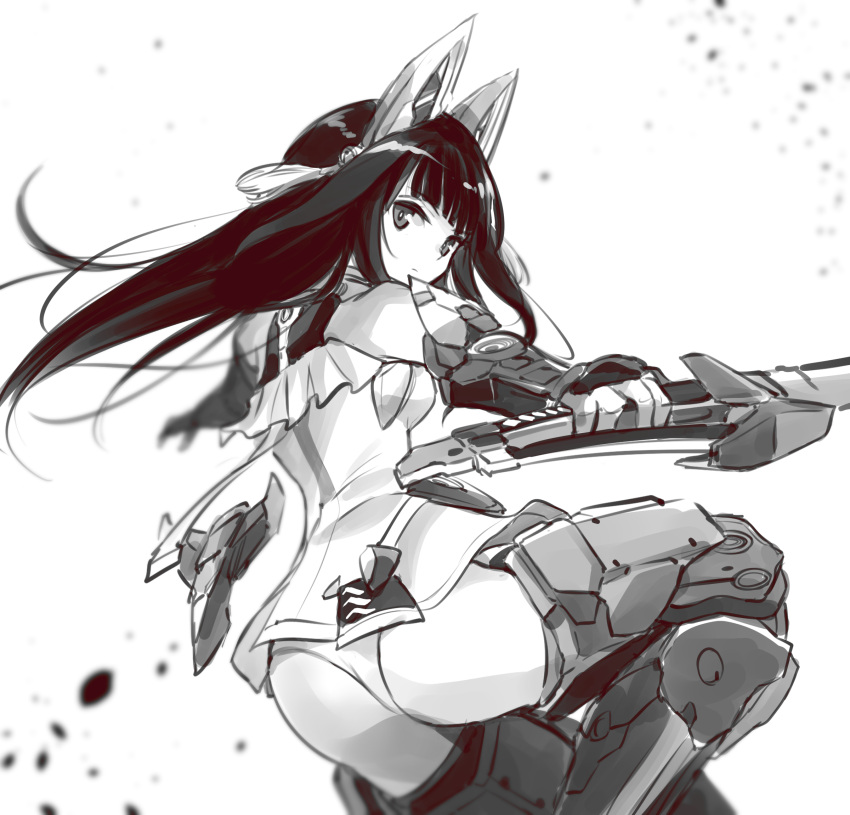 1girl agatsuma_kaede alice_gear_aegis animal_ears ass boots eyebrows_behind_hair fake_animal_ears from_side greyscale highres holding holding_sword holding_weapon ishiyumi looking_at_viewer mecha_musume mechanical_ears metal_boots monochrome solo sword thigh_boots thighhighs weapon white_background