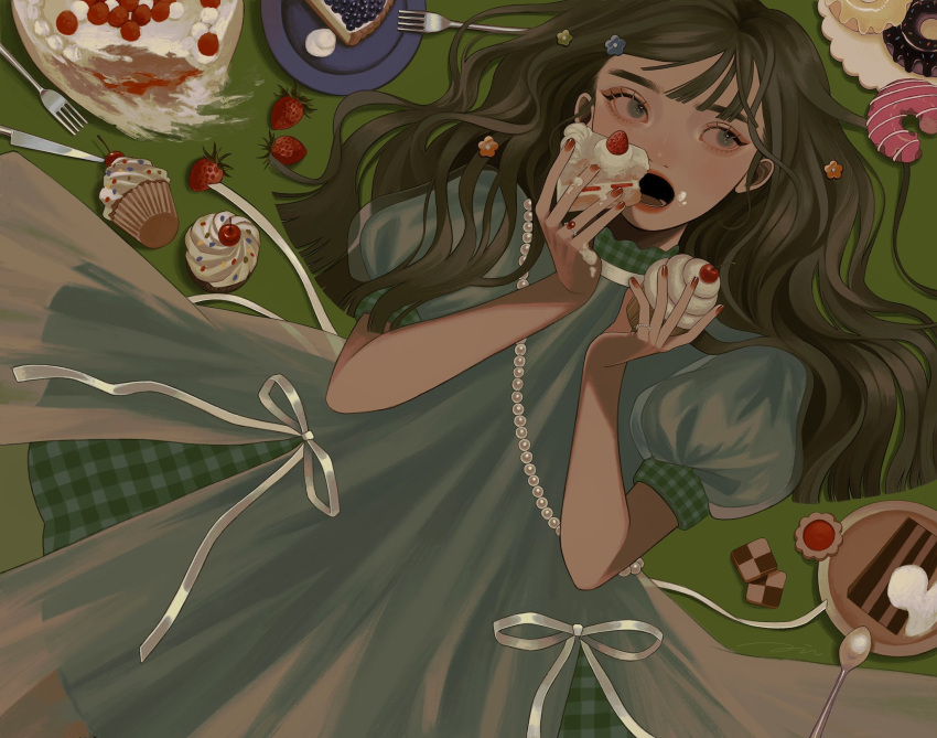 1girl blue_dress blue_eyes blueberry brown_hair cake cake_slice commentary_request cookie cupcake doughnut dress food food_on_face food_on_hand fork fruit highres holding holding_food jewelry knife long_hair lying on_back open_mouth original pie_slice puffy_short_sleeves puffy_sleeves red_lips red_nails ribbon ring short_sleeves solo spoon strawberry strawberry_shortcake tori_no_3046 upper_body white_ribbon
