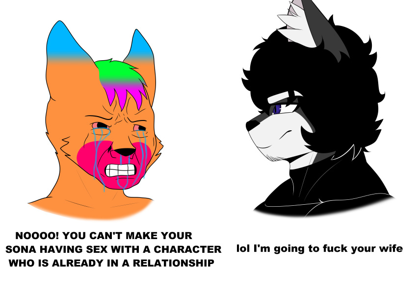 absurd_res ambiguous_gender anthro black_hair blue_body blue_fur bodily_fluids canid canine canis chad_(meme) clenched_teeth clothed clothing dialogue digital_drawing_(artwork) digital_media_(artwork) duo english_text facial_hair fur goatee green_hair grey_body grey_fur hair hi_res lobo_(lobokosmico) lobokosmico male mammal meme multicolored_hair muscular muscular_male orange_body orange_fur pink_body pink_fur purple_eyes purple_hair red_sclera side_view simple_background smile tears teeth text white_background white_body white_fur wojak wolf