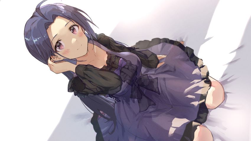 1girl ahoge babydoll blue_hair blush commentary_request dress dutch_angle highres idolmaster idolmaster_(classic) long_hair long_sleeves looking_at_viewer miura_azusa on_bed purple_dress purple_eyes see-through shuucream_(syuichi) sitting sitting_on_bed solo wariza