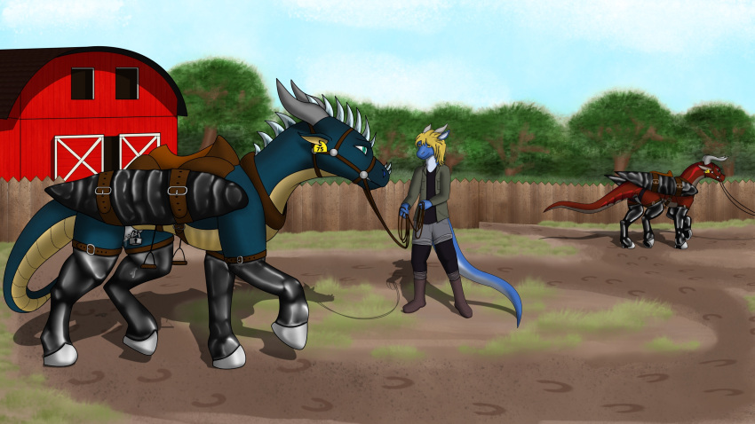 16:9 anthro arki boots bridle chastity_belt chastity_device clothing dragon ear_tag eliot_the_artificer female feral footwear graineater group hi_res hoof_boots horn lunging male outside petplay ponyplay rodrigocz roleplay saddle scalie western_dragon widescreen wing_bondage
