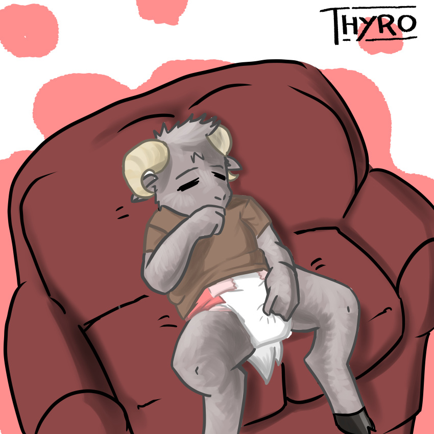 absurd_res anthro bovid caprine diaper eyes_closed fur furniture goat grey_body grey_fur hi_res horn male male/male mammal on_sofa relaxing rubbing_crotch simple_background sitting sitting_on_sofa sofa solo thyro