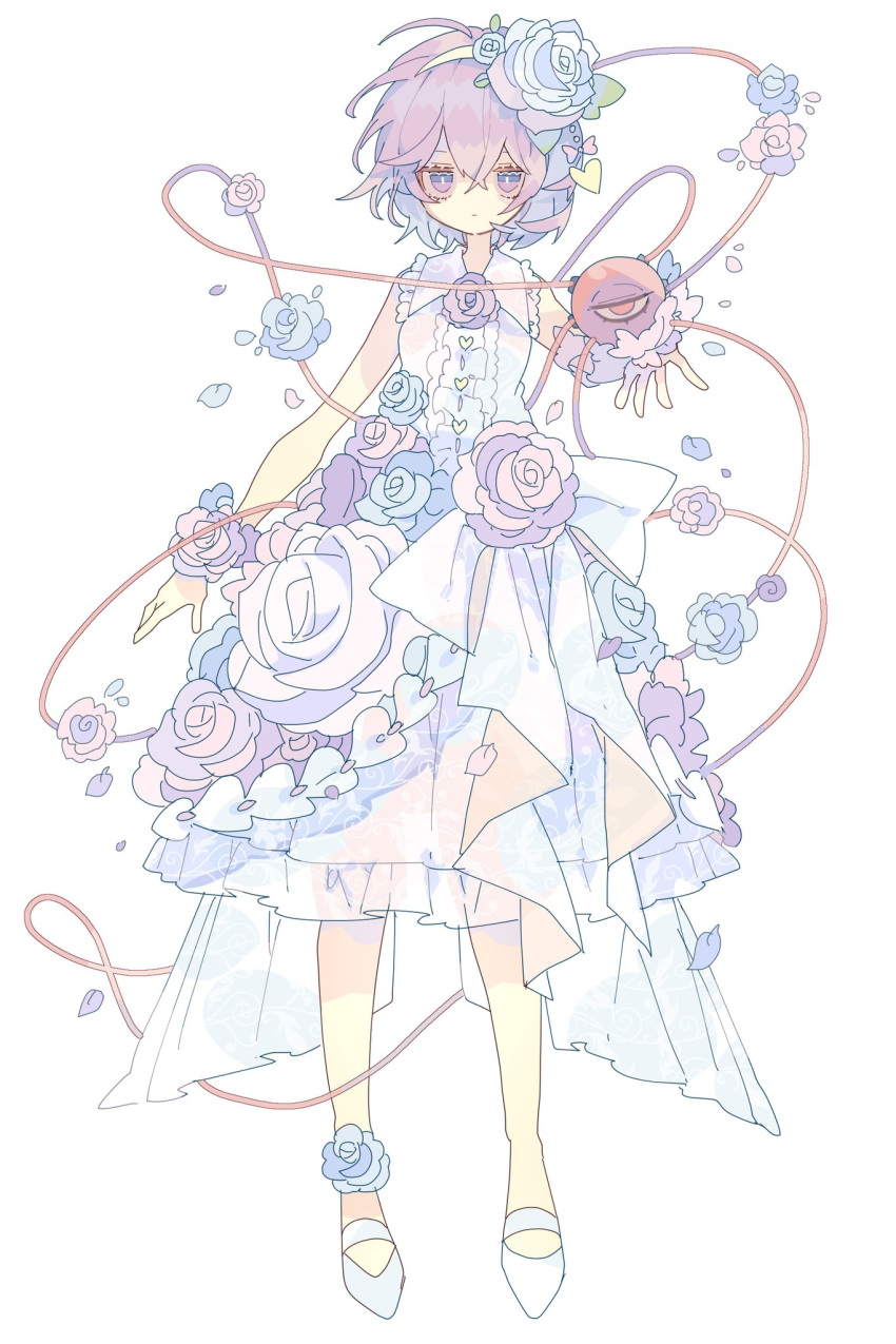 1girl :| ahoge ankle_flower arm_at_side bare_legs blue_flower blue_rose bow buttons closed_mouth collared_dress dress expressionless eyebrows_behind_hair flower frilled_dress frilled_shirt_collar frills full_body hair_flower hair_ornament hairband hand_up heart heart_button heart_hair_ornament highres jitome komeiji_satori leaf looking_at_viewer nikorashi-ka open_hand pink_bow pink_flower pink_rose purple_eyes purple_hair red_eyes red_flower red_rose ribbon rose shoes simple_background sleeveless sleeveless_dress solo standing symbol-only_commentary third_eye touhou vine_print waist_bow white_background white_bow white_dress white_footwear white_hairband white_ribbon