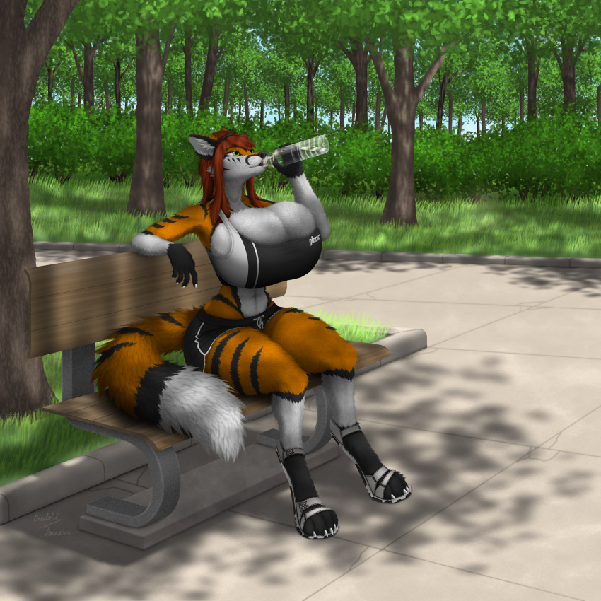 1:1 absurd_res anthro avoxion bench big_breasts bottomwear breasts canid canine cleavage clothed clothing curvy_figure drinking female footwear fox fur green_eyes hair hi_res huge_breasts long_hair mammal orange_body orange_fur park red_hair shorts sitting solo sportswear stripes wide_hips